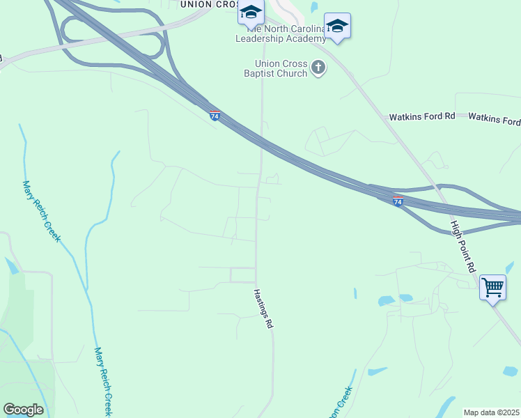 map of restaurants, bars, coffee shops, grocery stores, and more near 3811 Hastings Road in Kernersville