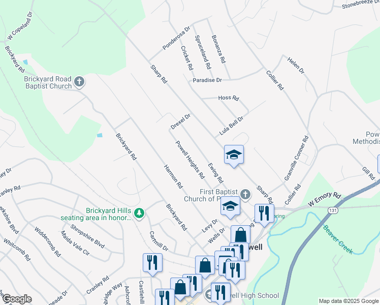 map of restaurants, bars, coffee shops, grocery stores, and more near 8009 Ewing Road in Powell