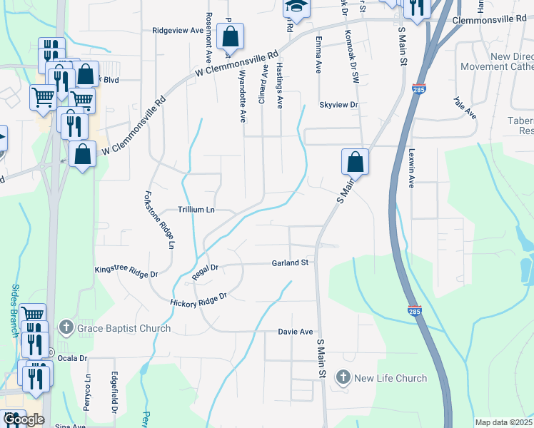 map of restaurants, bars, coffee shops, grocery stores, and more near 115 Hilton Drive in Winston-Salem