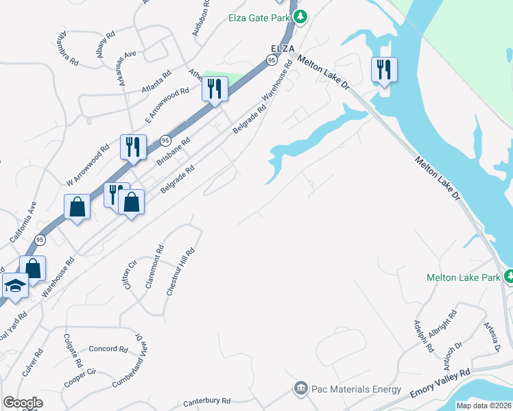 map of restaurants, bars, coffee shops, grocery stores, and more near 42 Palisades Parkway in Oak Ridge