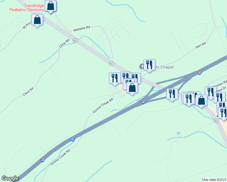 map of restaurants, bars, coffee shops, grocery stores, and more near 546 Patriot Drive in Dandridge