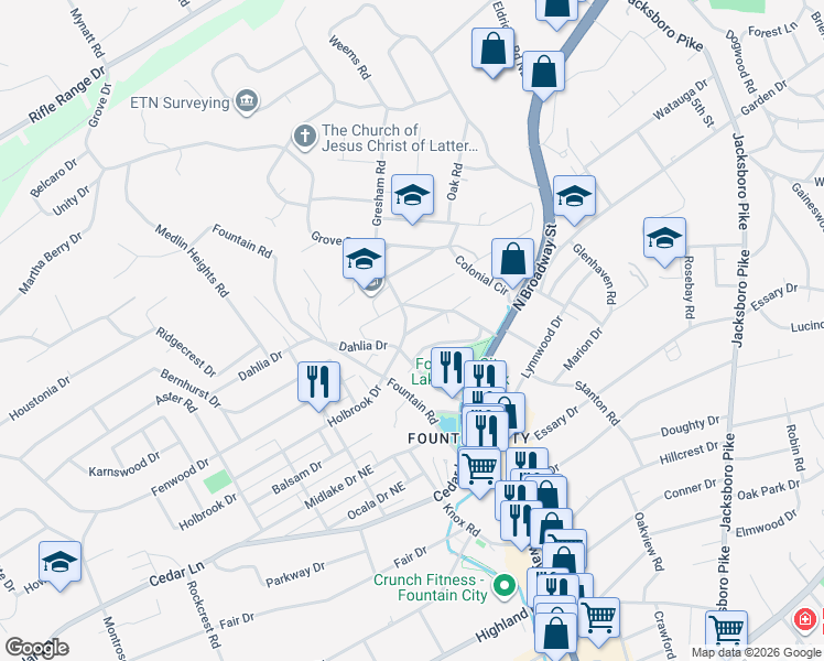map of restaurants, bars, coffee shops, grocery stores, and more near 500 Hotel Road in Knoxville