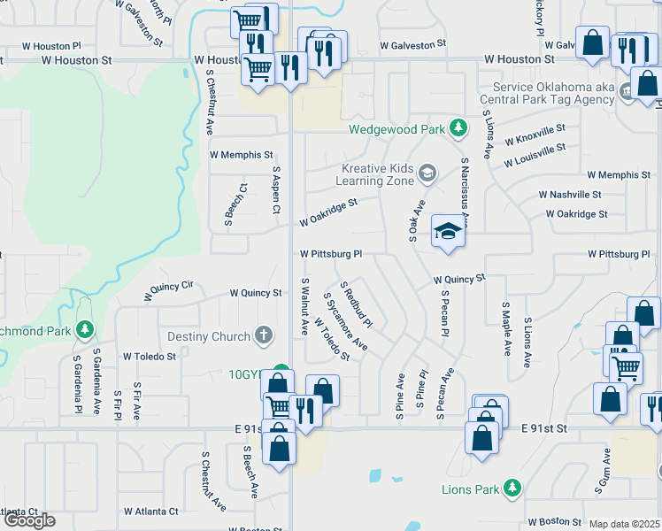map of restaurants, bars, coffee shops, grocery stores, and more near 2012 West Pittsburg Place in Broken Arrow