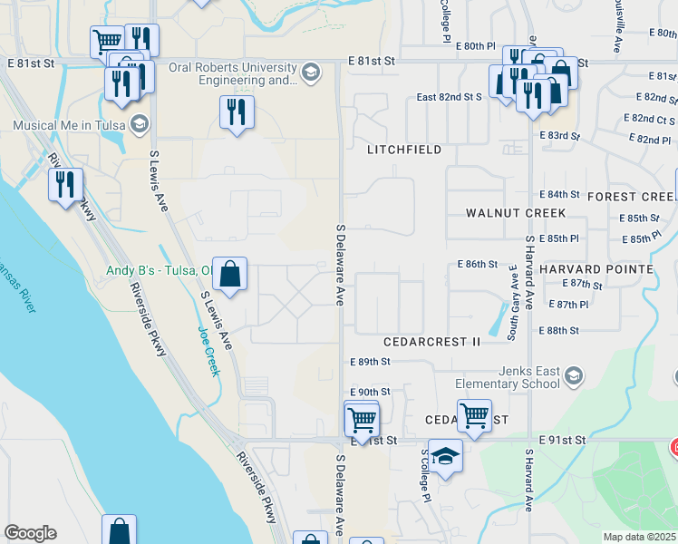 map of restaurants, bars, coffee shops, grocery stores, and more near 8502 South Delaware Avenue in Tulsa