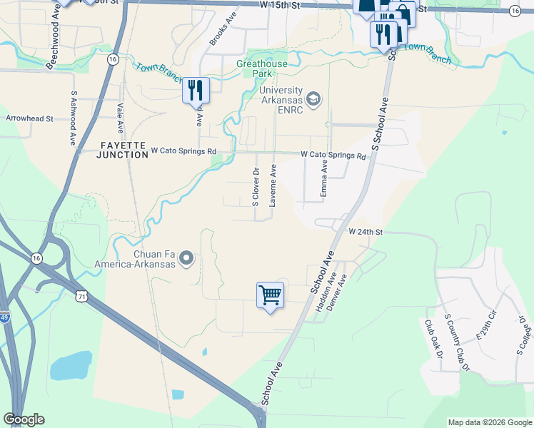 map of restaurants, bars, coffee shops, grocery stores, and more near 2248 South Clover Drive in Fayetteville