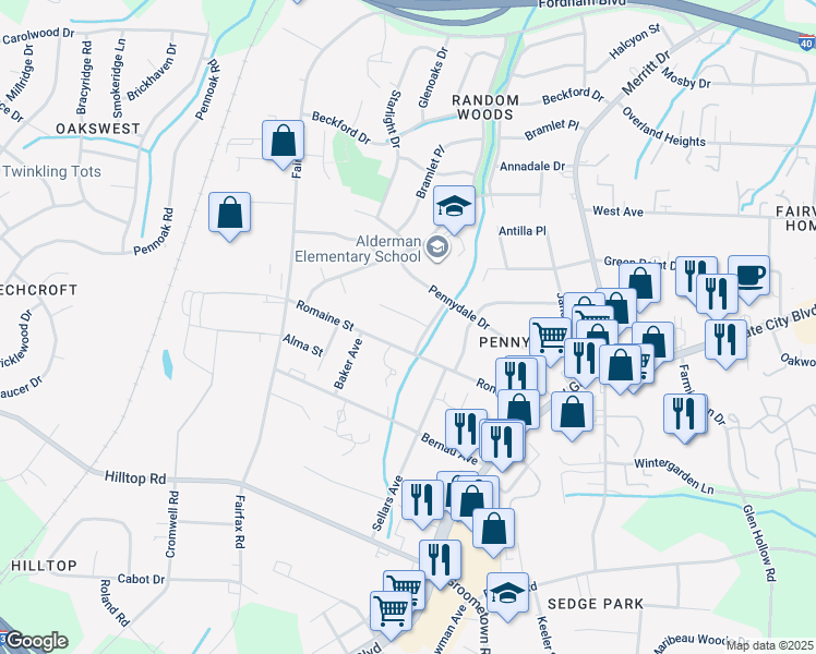 map of restaurants, bars, coffee shops, grocery stores, and more near 5 Periwinkle Court in Greensboro