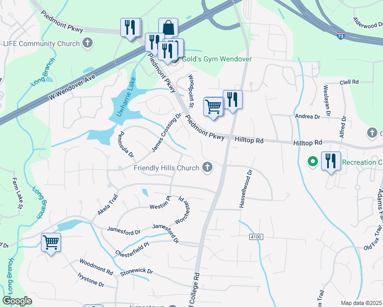 map of restaurants, bars, coffee shops, grocery stores, and more near 3405 Peninsula Drive in Jamestown