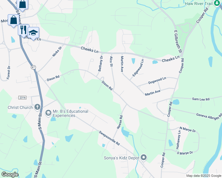 map of restaurants, bars, coffee shops, grocery stores, and more near Dixon Road in Graham