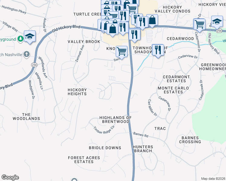 map of restaurants, bars, coffee shops, grocery stores, and more near 111 Shadow Glen Drive in Nashville