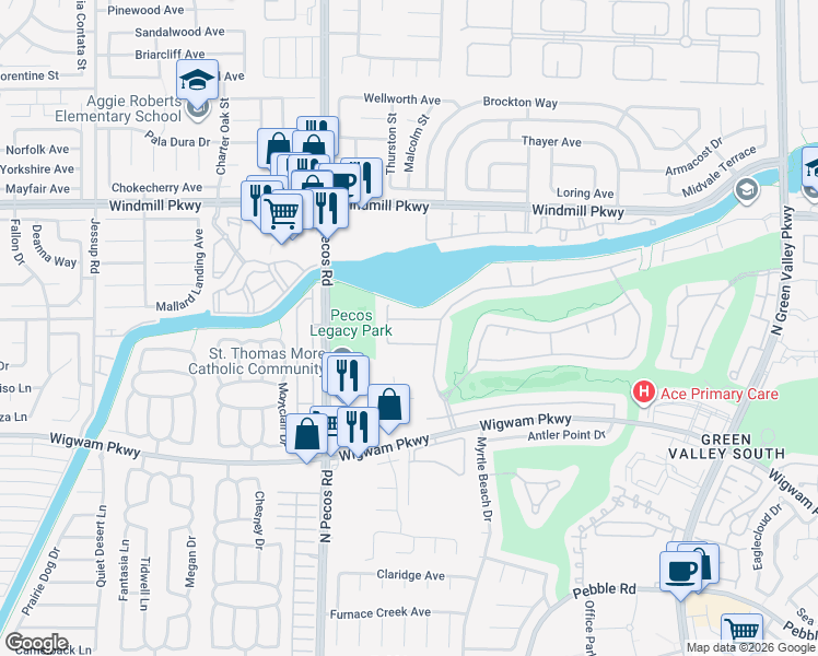 map of restaurants, bars, coffee shops, grocery stores, and more near 2511 Hacker Drive in Henderson