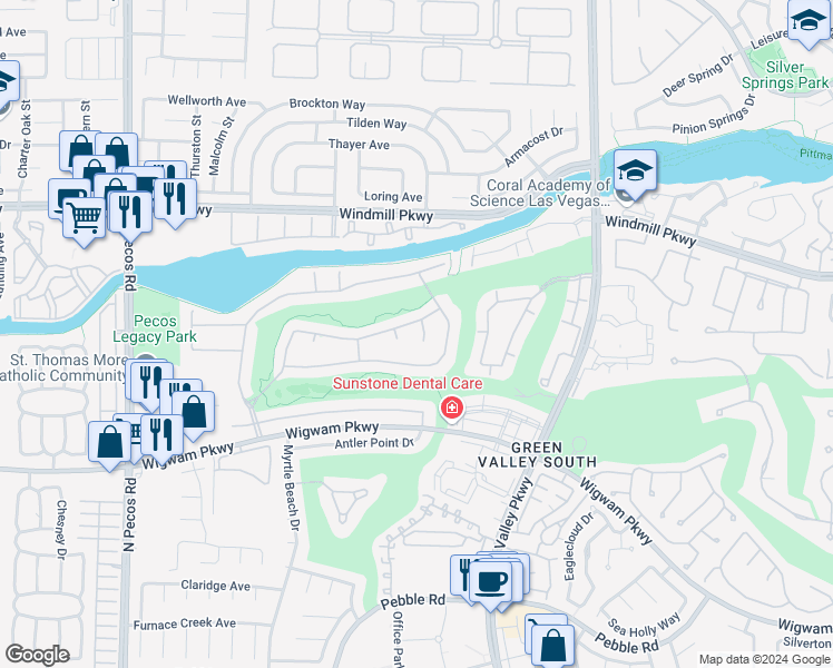 map of restaurants, bars, coffee shops, grocery stores, and more near 145 Pin High Circle in Henderson