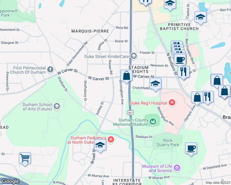 map of restaurants, bars, coffee shops, grocery stores, and more near 2816 Broad Street in Durham