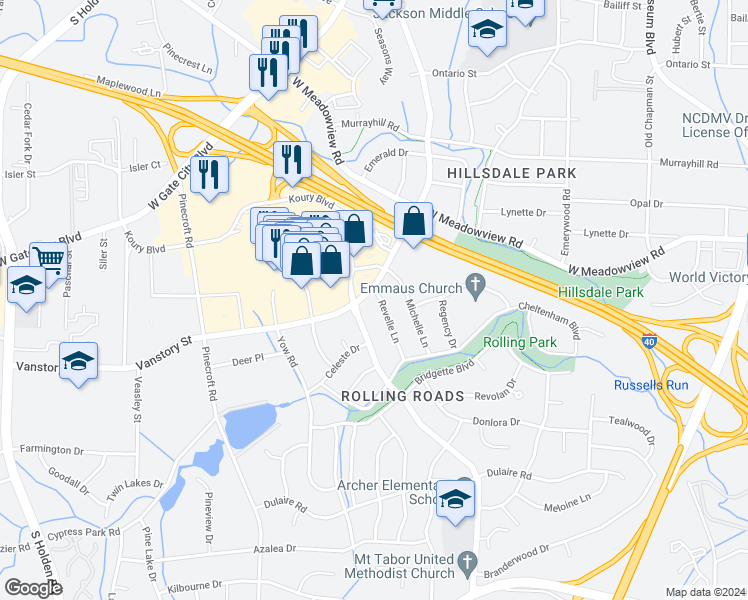 map of restaurants, bars, coffee shops, grocery stores, and more near 2301 Vanstory Street in Greensboro