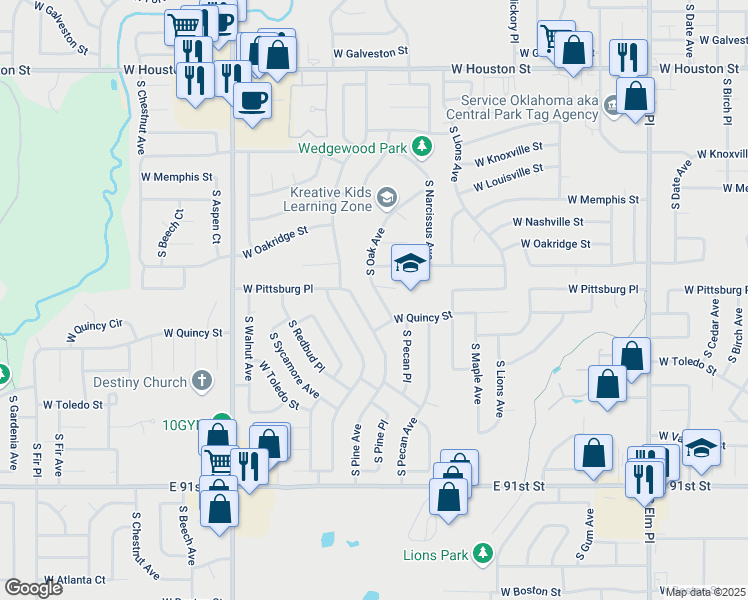map of restaurants, bars, coffee shops, grocery stores, and more near 1604 South Pecan Avenue in Broken Arrow