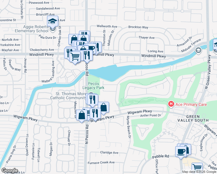 map of restaurants, bars, coffee shops, grocery stores, and more near 2511 Hacker Drive in Henderson