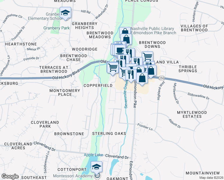 map of restaurants, bars, coffee shops, grocery stores, and more near 434 Lazy Creek Lane in Nashville