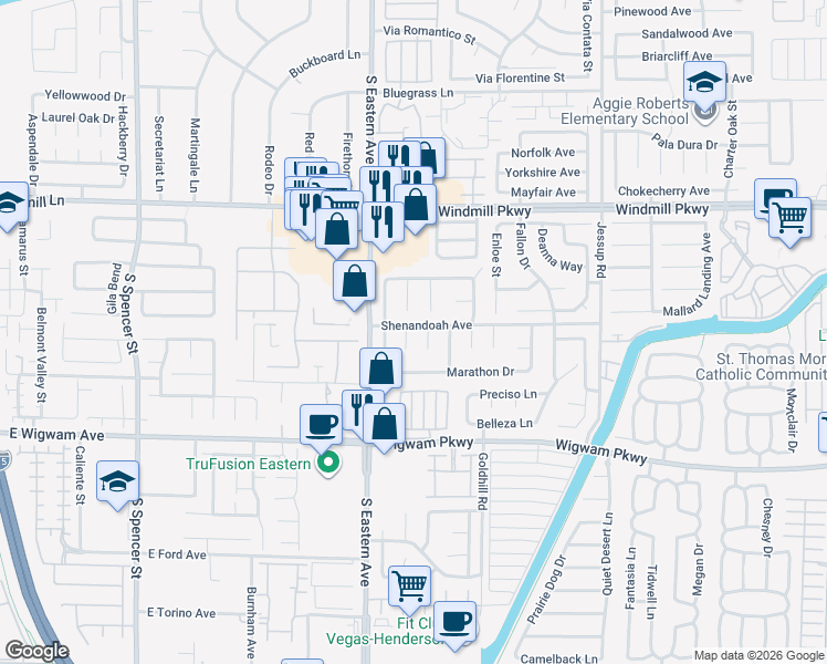 map of restaurants, bars, coffee shops, grocery stores, and more near 148 Triberg Court in Henderson