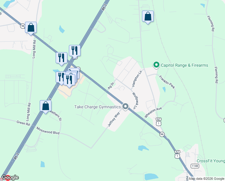 map of restaurants, bars, coffee shops, grocery stores, and more near 100 Ag Drive in Youngsville