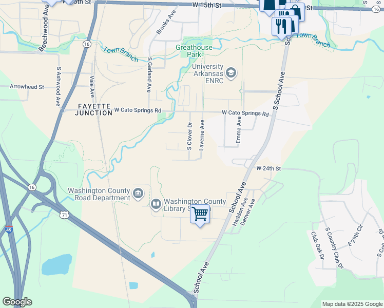 map of restaurants, bars, coffee shops, grocery stores, and more near 2248 South Clover Drive in Fayetteville