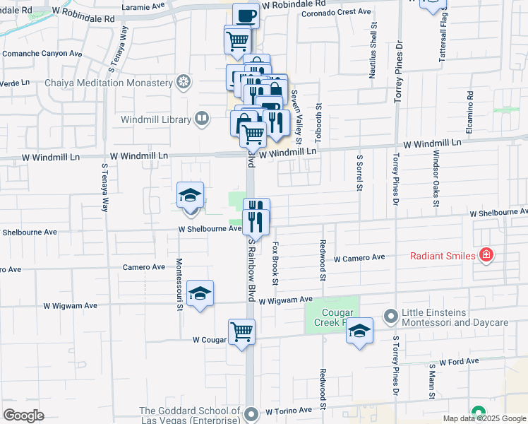 map of restaurants, bars, coffee shops, grocery stores, and more near 6847 Cavatina Avenue in Las Vegas