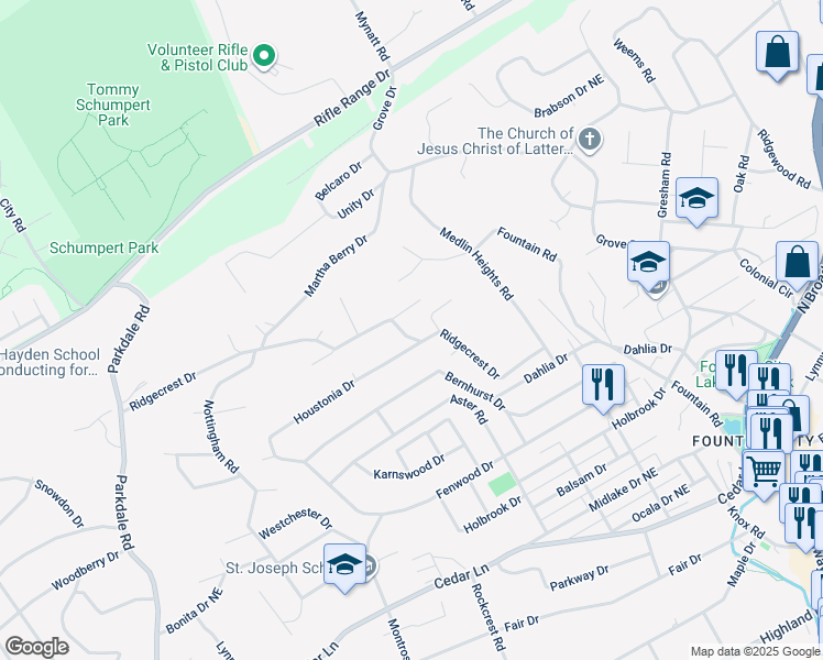map of restaurants, bars, coffee shops, grocery stores, and more near 2213 Ridgecrest Drive in Knoxville
