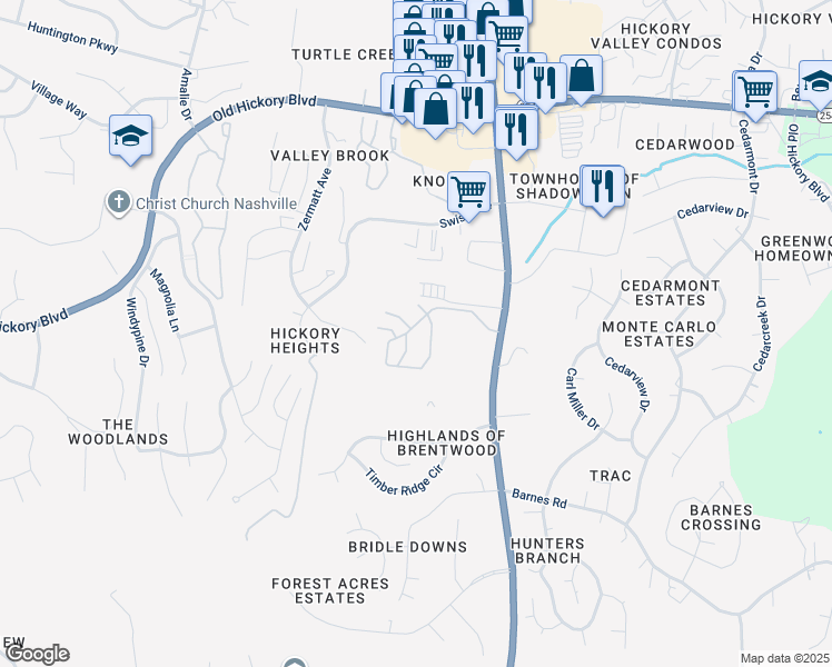 map of restaurants, bars, coffee shops, grocery stores, and more near 108 Shadow Glen Drive in Nashville