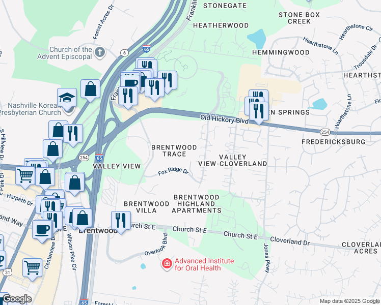 map of restaurants, bars, coffee shops, grocery stores, and more near 5777 Brentwood Trace in Brentwood