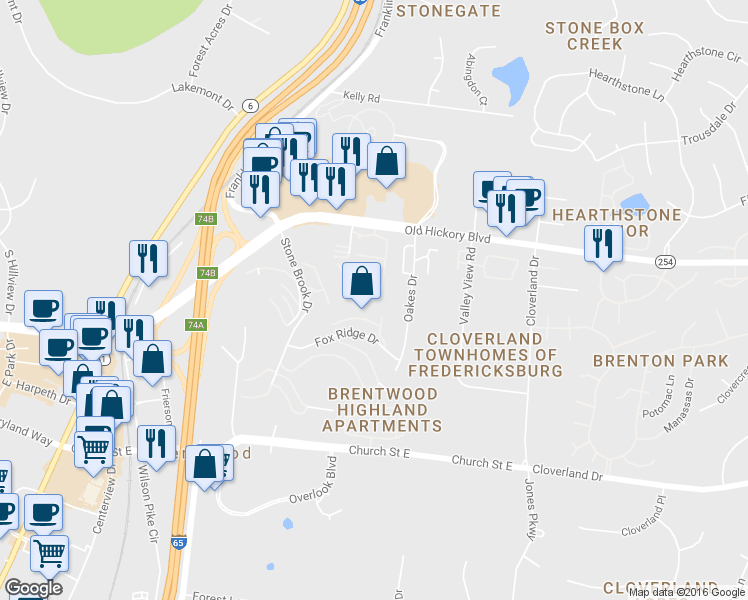 map of restaurants, bars, coffee shops, grocery stores, and more near 5777 Brentwood Trace in Brentwood