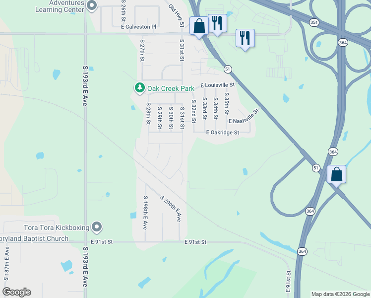 map of restaurants, bars, coffee shops, grocery stores, and more near 3201 East Oakridge Street in Broken Arrow