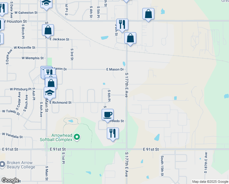 map of restaurants, bars, coffee shops, grocery stores, and more near 1617 South 6th Place in Broken Arrow