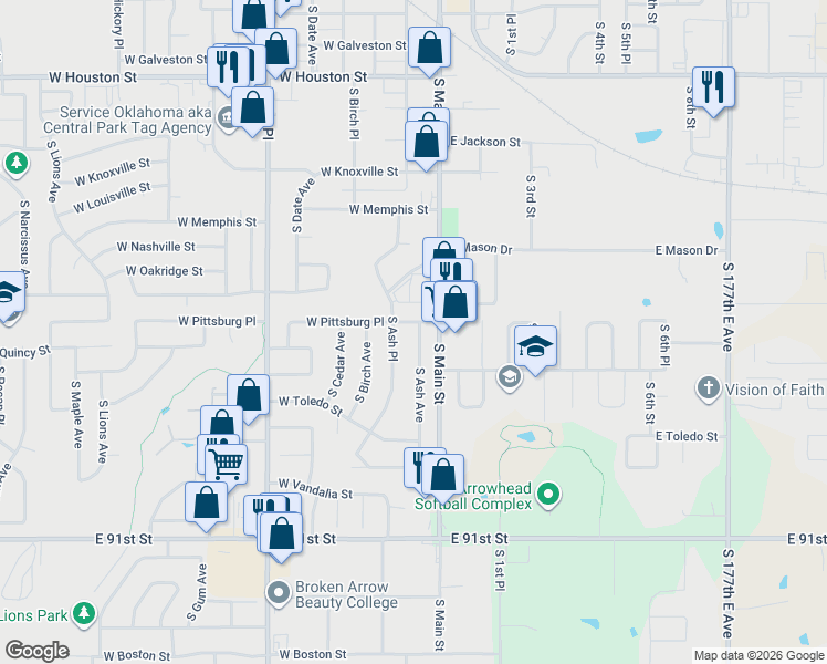 map of restaurants, bars, coffee shops, grocery stores, and more near 110 West Pittsburg Place in Broken Arrow