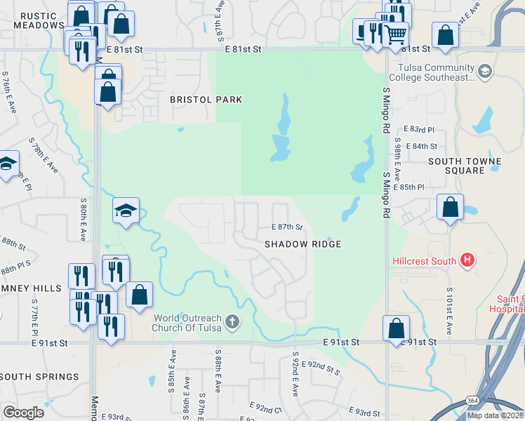 map of restaurants, bars, coffee shops, grocery stores, and more near 8602 South 91st East Avenue in Tulsa