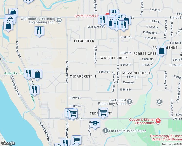 map of restaurants, bars, coffee shops, grocery stores, and more near 8609 South College Place in Tulsa