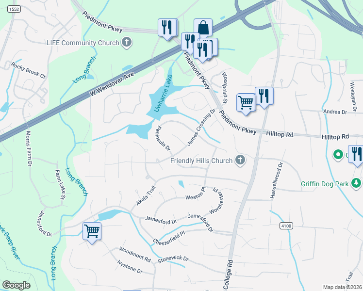 map of restaurants, bars, coffee shops, grocery stores, and more near 3107 James Bay Court in Jamestown
