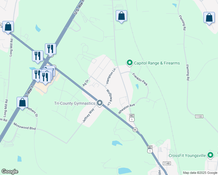 map of restaurants, bars, coffee shops, grocery stores, and more near 600 Hampton Lane in Youngsville
