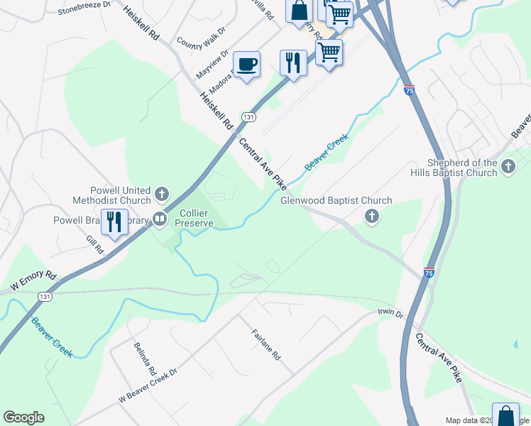 map of restaurants, bars, coffee shops, grocery stores, and more near 7409 Central Avenue Pike in Powell
