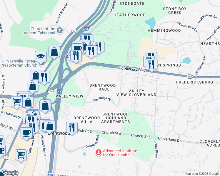 map of restaurants, bars, coffee shops, grocery stores, and more near 5841 Brentwood Trace in Brentwood