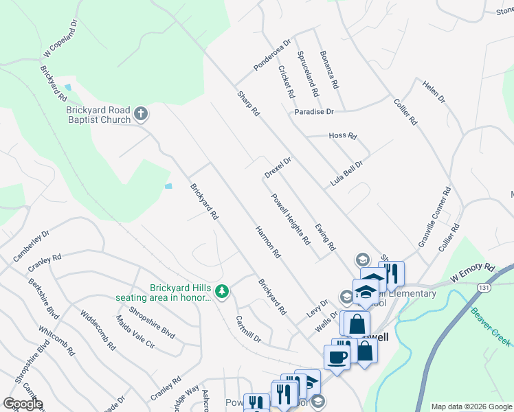 map of restaurants, bars, coffee shops, grocery stores, and more near 8021 Powell Heights Road in Powell