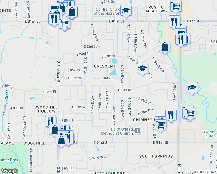 map of restaurants, bars, coffee shops, grocery stores, and more near 7111 East 86th Street in Tulsa