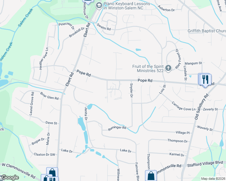 map of restaurants, bars, coffee shops, grocery stores, and more near 4112 Moss Brook Drive in Winston-Salem