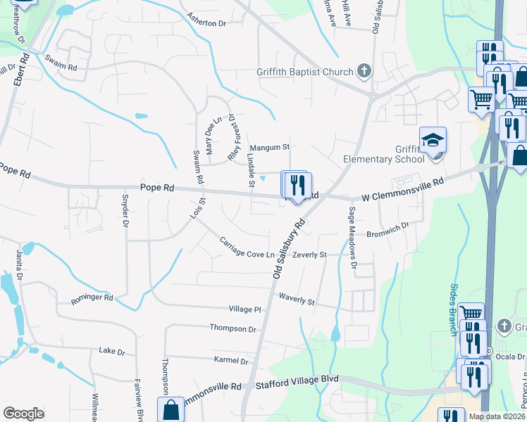 map of restaurants, bars, coffee shops, grocery stores, and more near 1717 Silver Chase Court in Winston-Salem