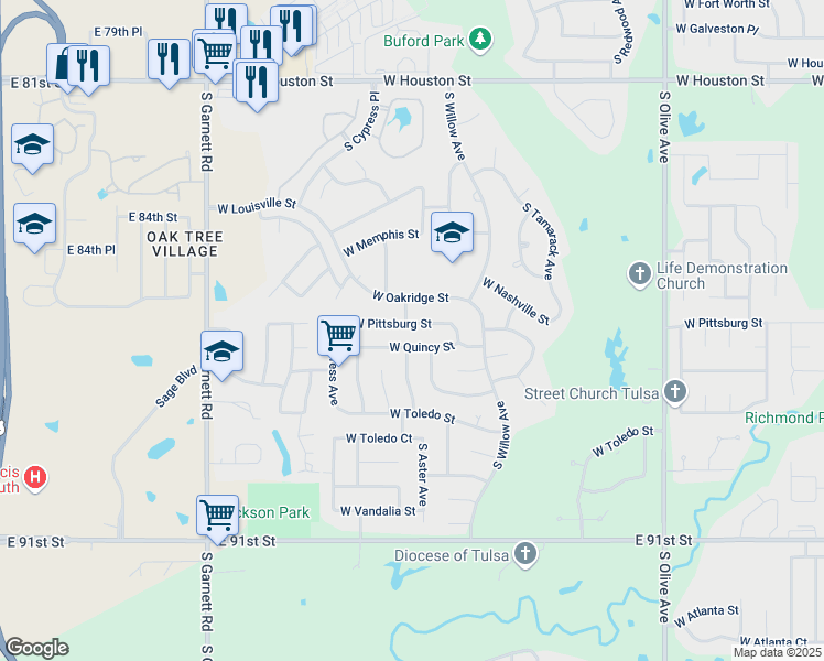 map of restaurants, bars, coffee shops, grocery stores, and more near 4300 West Pittsburg Street in Broken Arrow