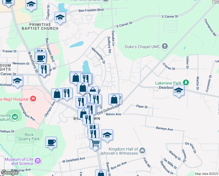 map of restaurants, bars, coffee shops, grocery stores, and more near 3704 Meriwether Drive in Durham