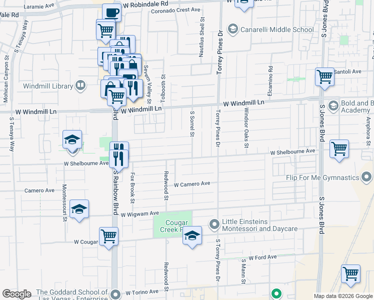 map of restaurants, bars, coffee shops, grocery stores, and more near 6624 Melodic Court in Las Vegas