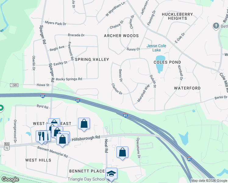 map of restaurants, bars, coffee shops, grocery stores, and more near 526 Clarion Drive in Durham