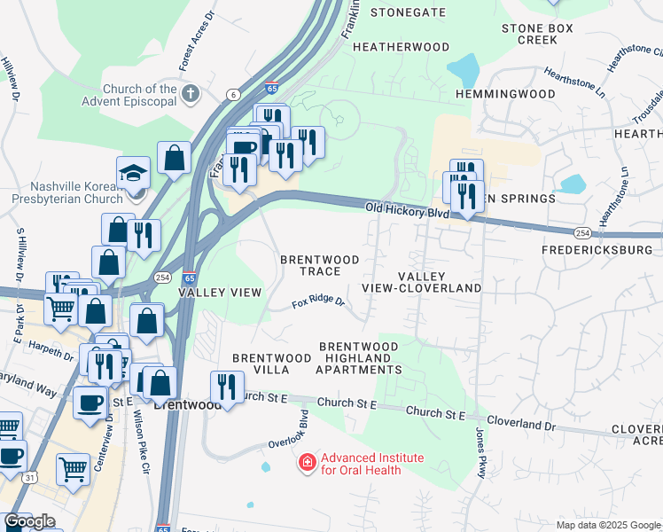 map of restaurants, bars, coffee shops, grocery stores, and more near 5871 Brentwood Trace in Brentwood