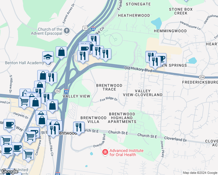 map of restaurants, bars, coffee shops, grocery stores, and more near 5871 Brentwood Trace in Brentwood