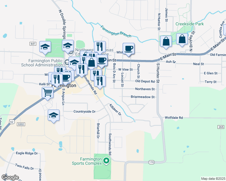 map of restaurants, bars, coffee shops, grocery stores, and more near 122 Northaven Street in Farmington