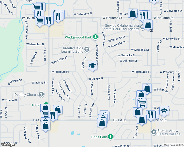 map of restaurants, bars, coffee shops, grocery stores, and more near 1600 West Quincy Street in Broken Arrow