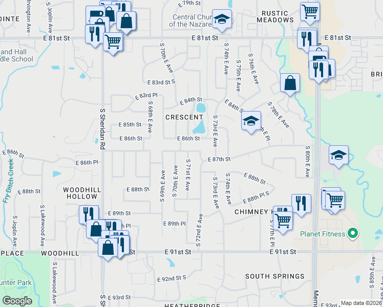 map of restaurants, bars, coffee shops, grocery stores, and more near 7111 East 86th Street in Tulsa